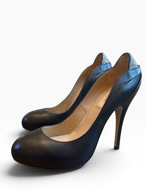 VALENTINO Black Leather Crystal Rhinestone Heel Almond Toe Pumps EU 37.5 US 7.5